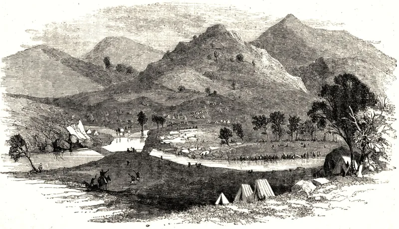 Engraving of steep hills above a creek at Ophir, with tents and diggers along the bank.